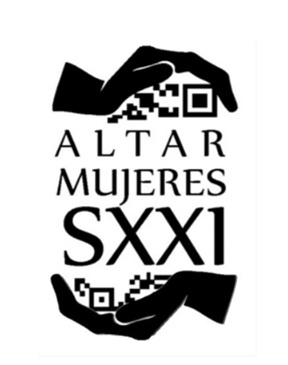 Black and white Altar Mujeres SXXI identity with two hands holding QR codes