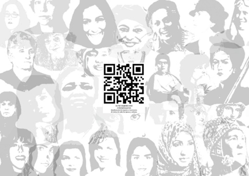 Collective collage of women’s portraits surrounding a central QR code