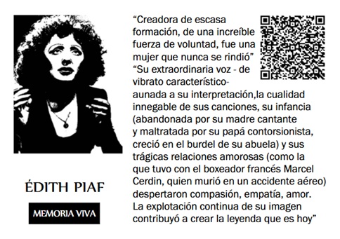 Memoria Viva biography card dedicated to Édith Piaf with portrait, text and QR code