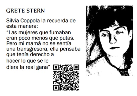 Memoria Viva biography card dedicated to Grete Stern with portrait, testimony and QR code