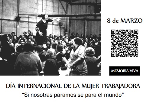 Memoria Viva card about International Working Women’s Day with historical photograph and QR code