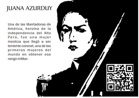 Memoria Viva biography card dedicated to Juana Azurduy with portrait, text and QR code
