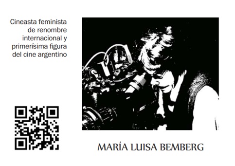 Memoria Viva biography card dedicated to filmmaker María Luisa Bemberg with portrait and QR code