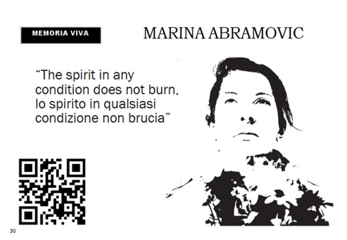 Memoria Viva biography card dedicated to Marina Abramović with portrait, quotation and QR code