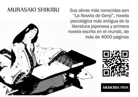 Memoria Viva biography card dedicated to Murasaki Shikibu with illustration, text and QR code