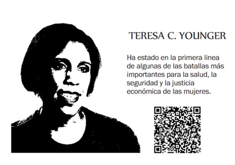 Memoria Viva biography card dedicated to Teresa C. Younger with portrait, text and QR code
