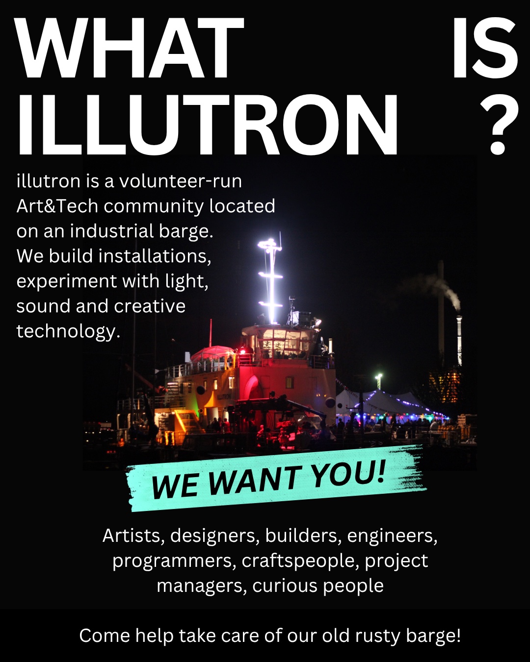 Illutron community introduction with the barge at night